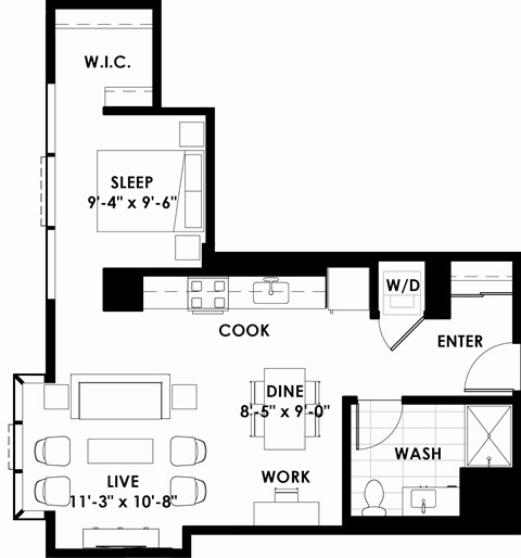 Floor plan for studio, 1 bath, 667 sqft